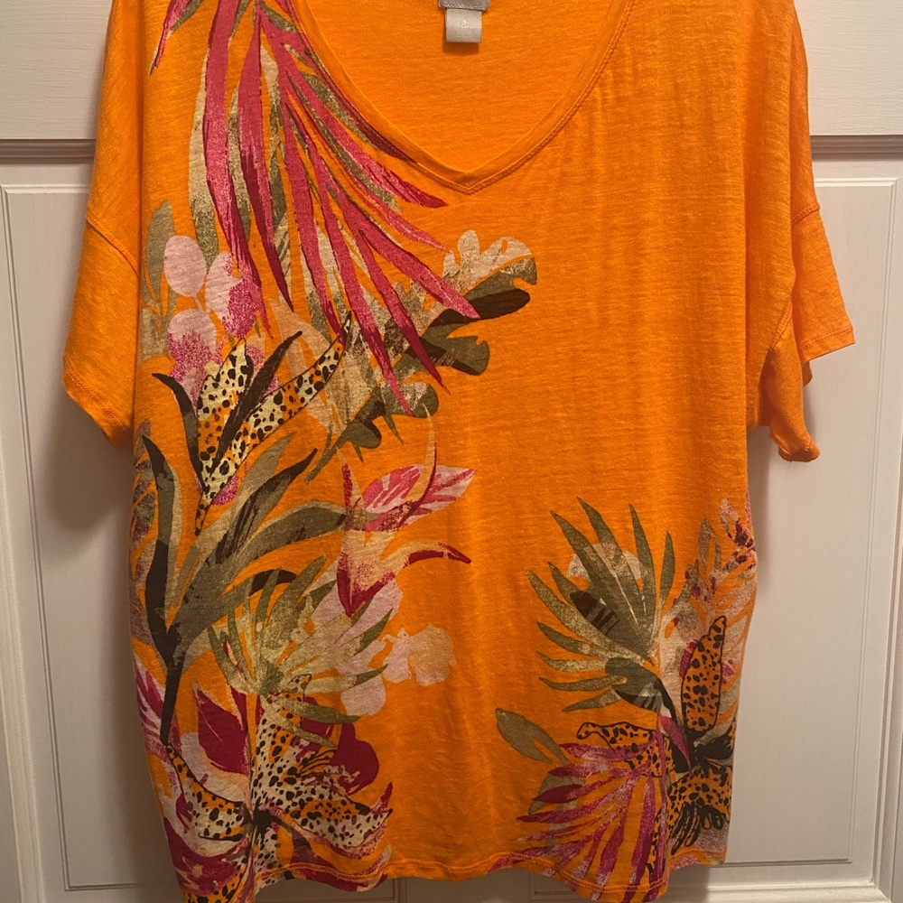 Chico's Vivid Orange Top with Pink and Green Accents.